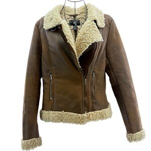 H&M Brown Teddy Bomber Aviator Faux Leather-Look Cropped Jacket Women’s Size 8